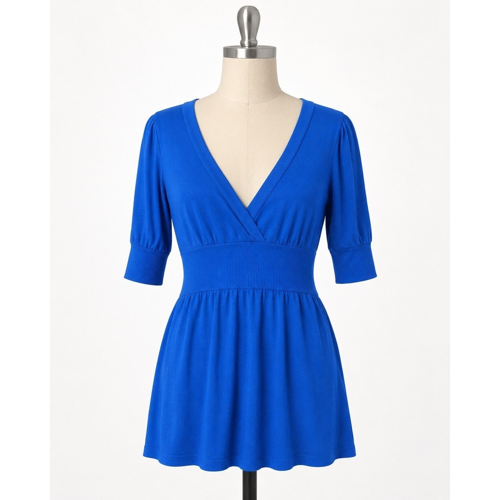Kische Womens Small Blue Empire Waist Tunic Top V Neck Short Sleeve Stretch...
